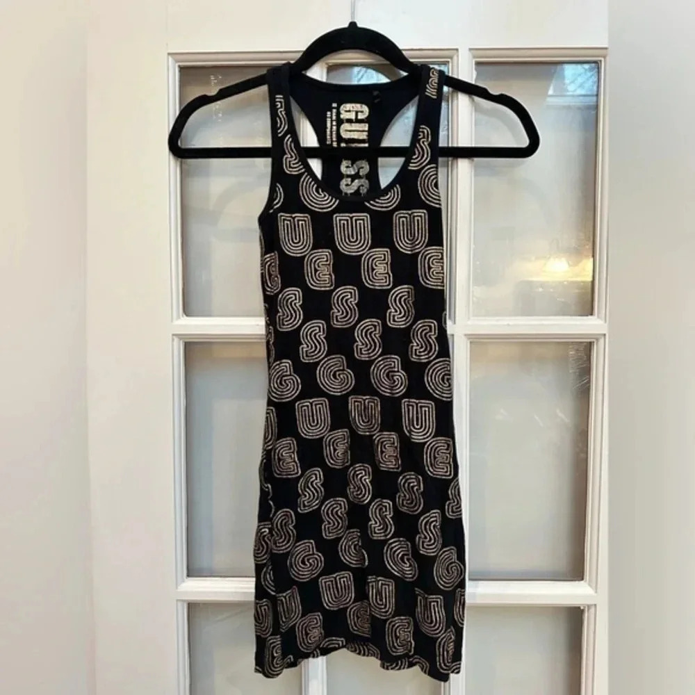 Vintage Guess Bodycon Sheath Black Gold Metallic Letters Mini Dress Size XS Y2K